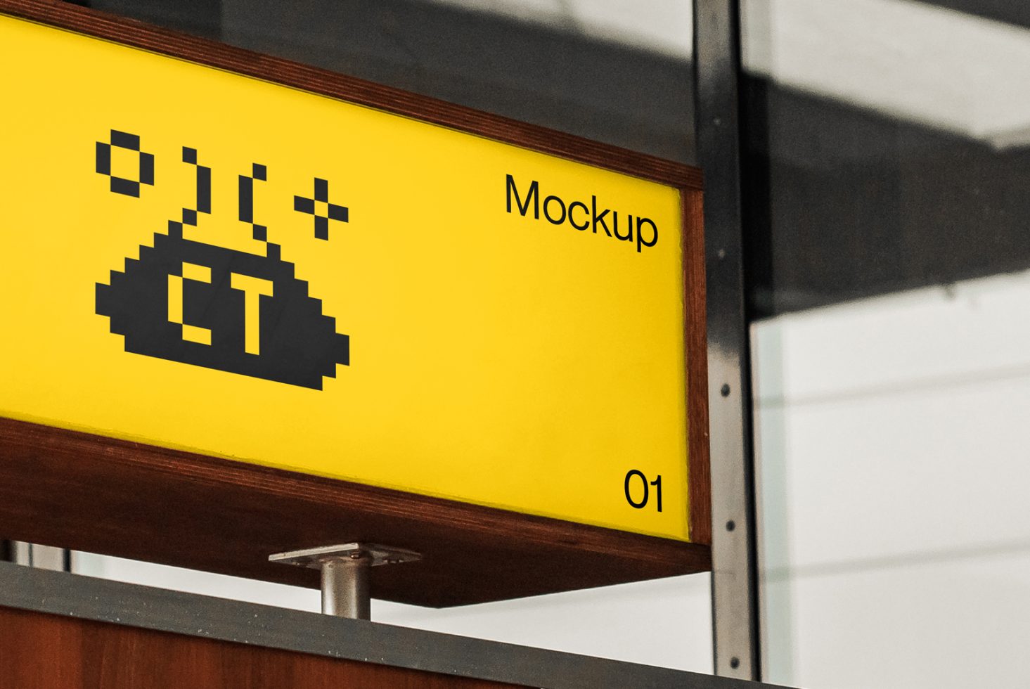 Yellow signage mockup on wall with pixel art design, visible in a professional setting, ideal for presentations and portfolio display.